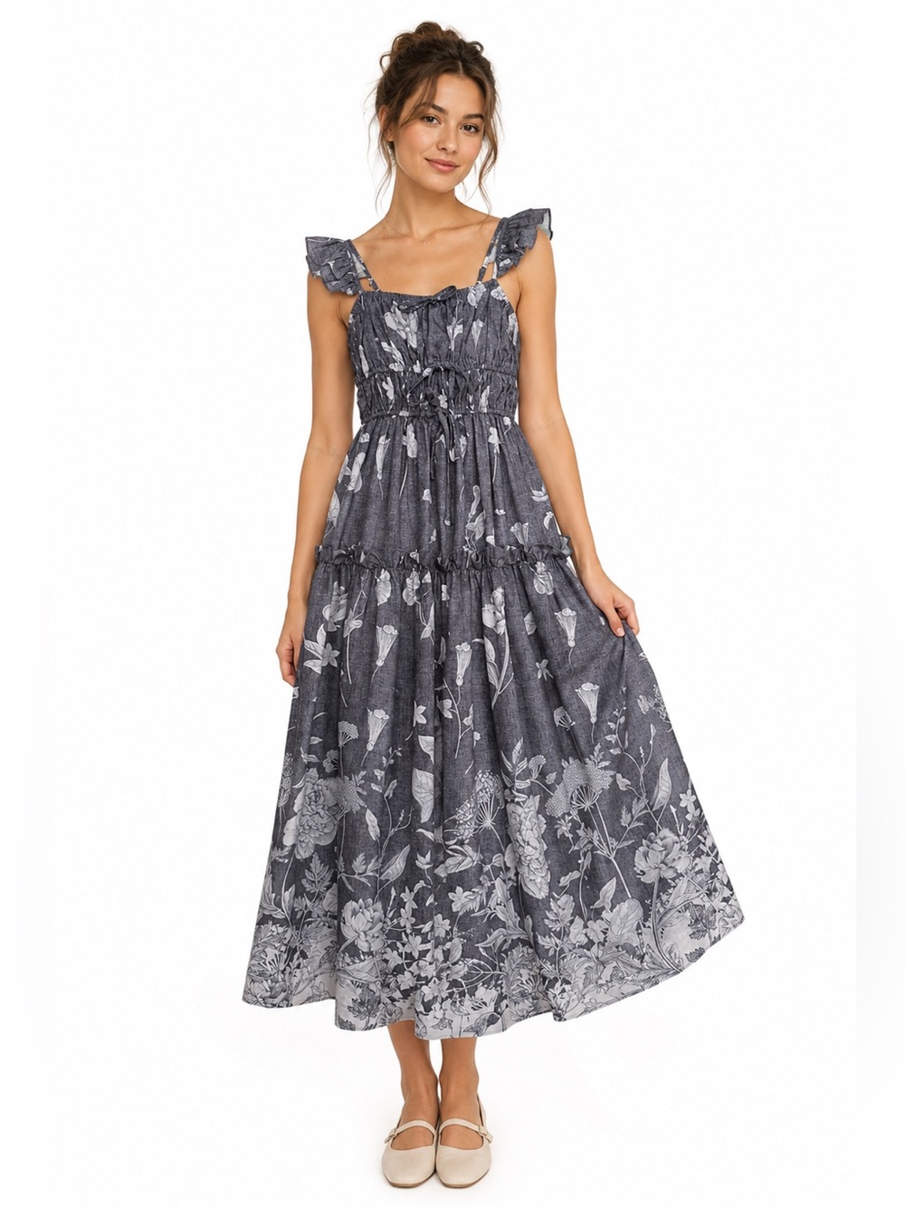 EN‎ SAISON Sydney Tiered Floral Midi Dress XS Gray White Cottagecore Prairie